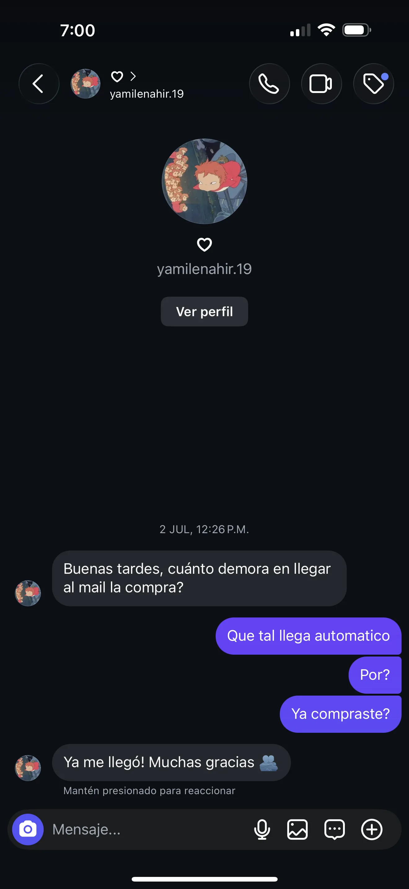 Captura de WhatsApp de cliente