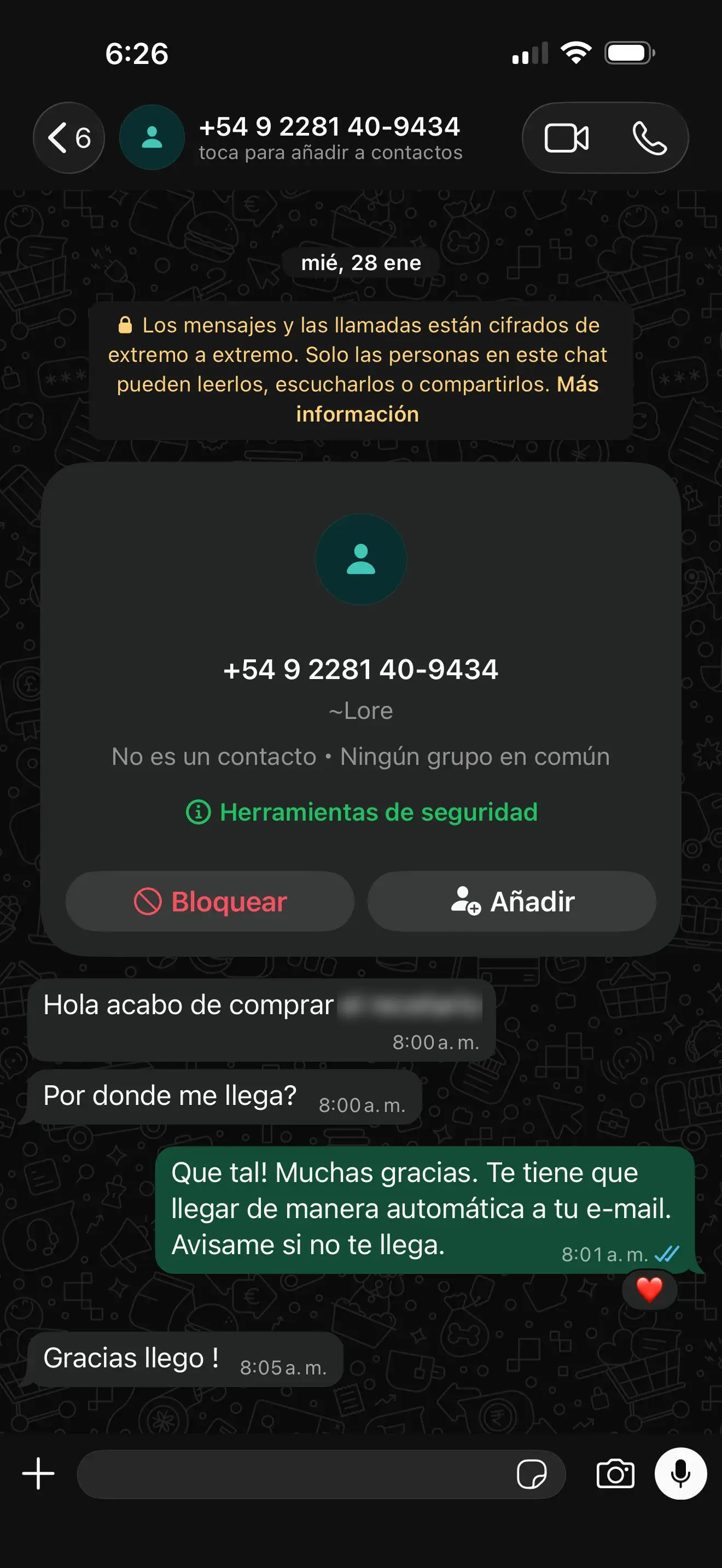 Captura de WhatsApp de cliente